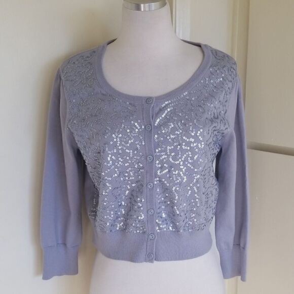 Grey cropped button down Sequin Cardigan,3/4 Slv,S - Picture 1 of 6